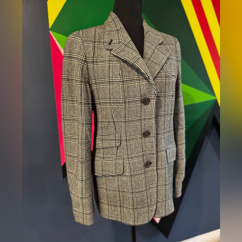 Vintage 90s DKNY Black and Gray Plaid Houndstooth Check Wool Blazer